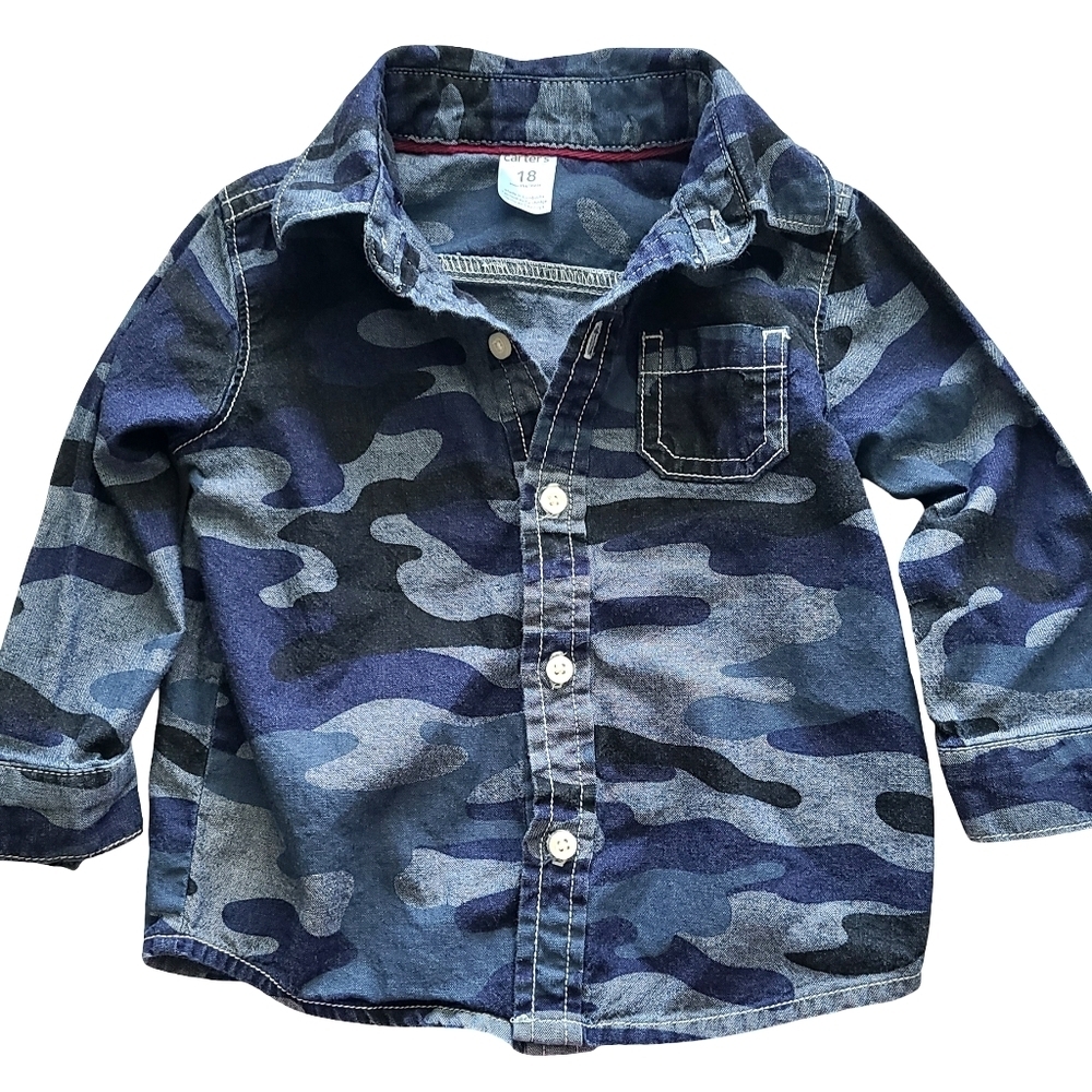 Carters Kids Camouflage Button-Up Shirt Boys 18 Month Navy Blue Button Down Camo